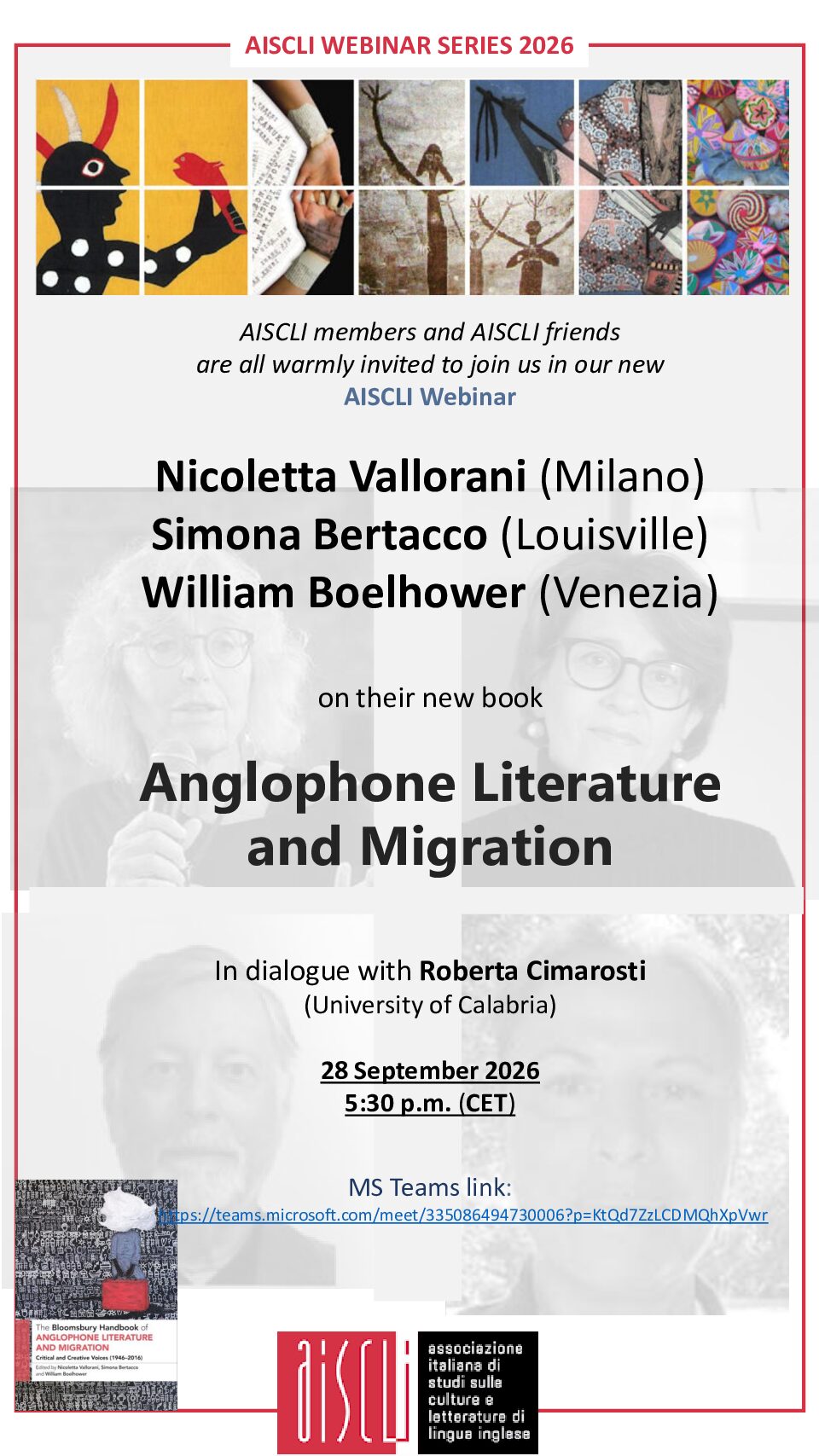 AISCLI Webinar Series 2026: Nicoletta Vallorani, Simona Bertacco, William Boelhower present their new book on ANGLOPHONE LITERATURE and MIGRATION with Roberta Cimarosti